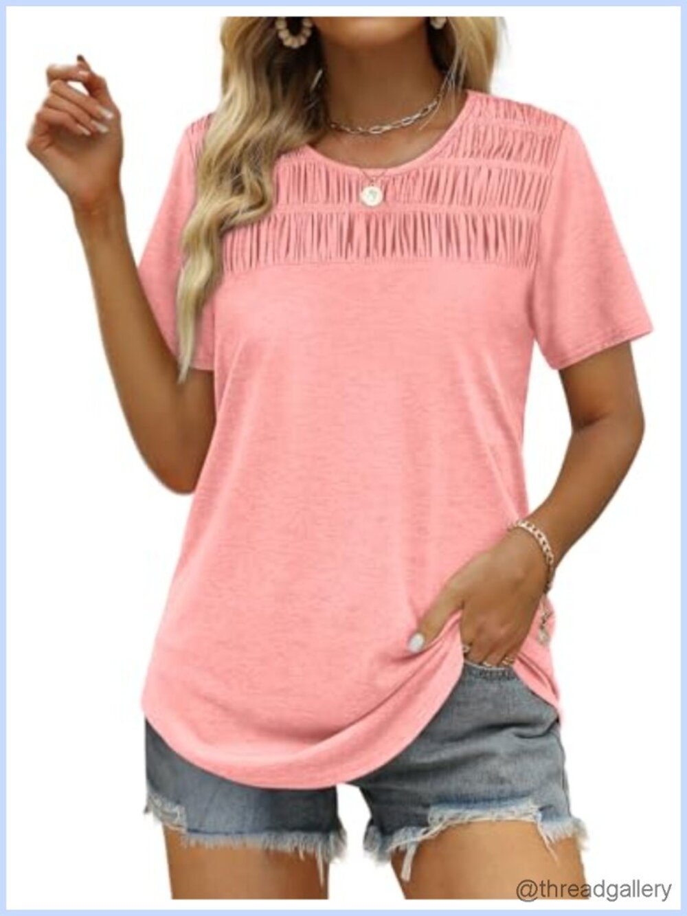 Women's Smocked Crewneck Short Sleeve Tunic Tee Casual Summer Top
